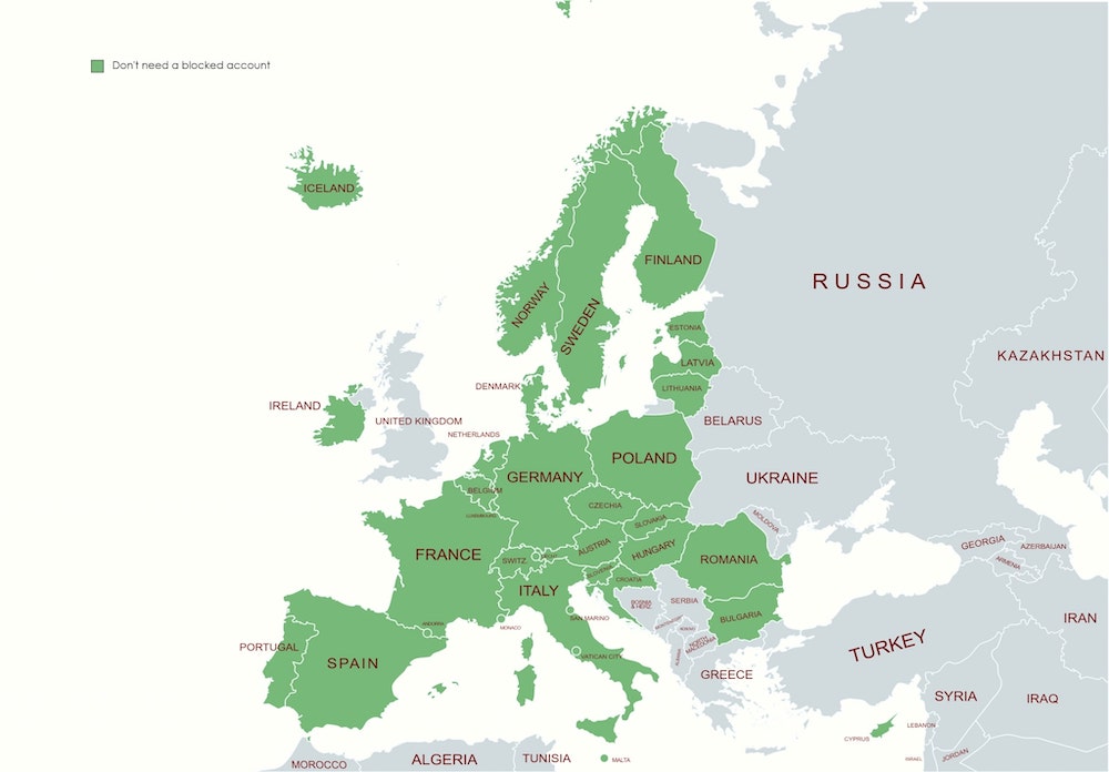 map showing countries in Europe which do not need blocked account in germany