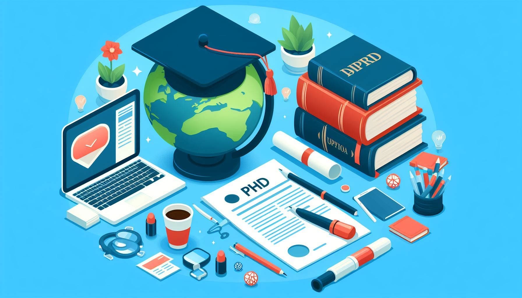 Picture showing How to apply for phd abroad. There is a globe, computer, some books and PhD application form in front of blue background