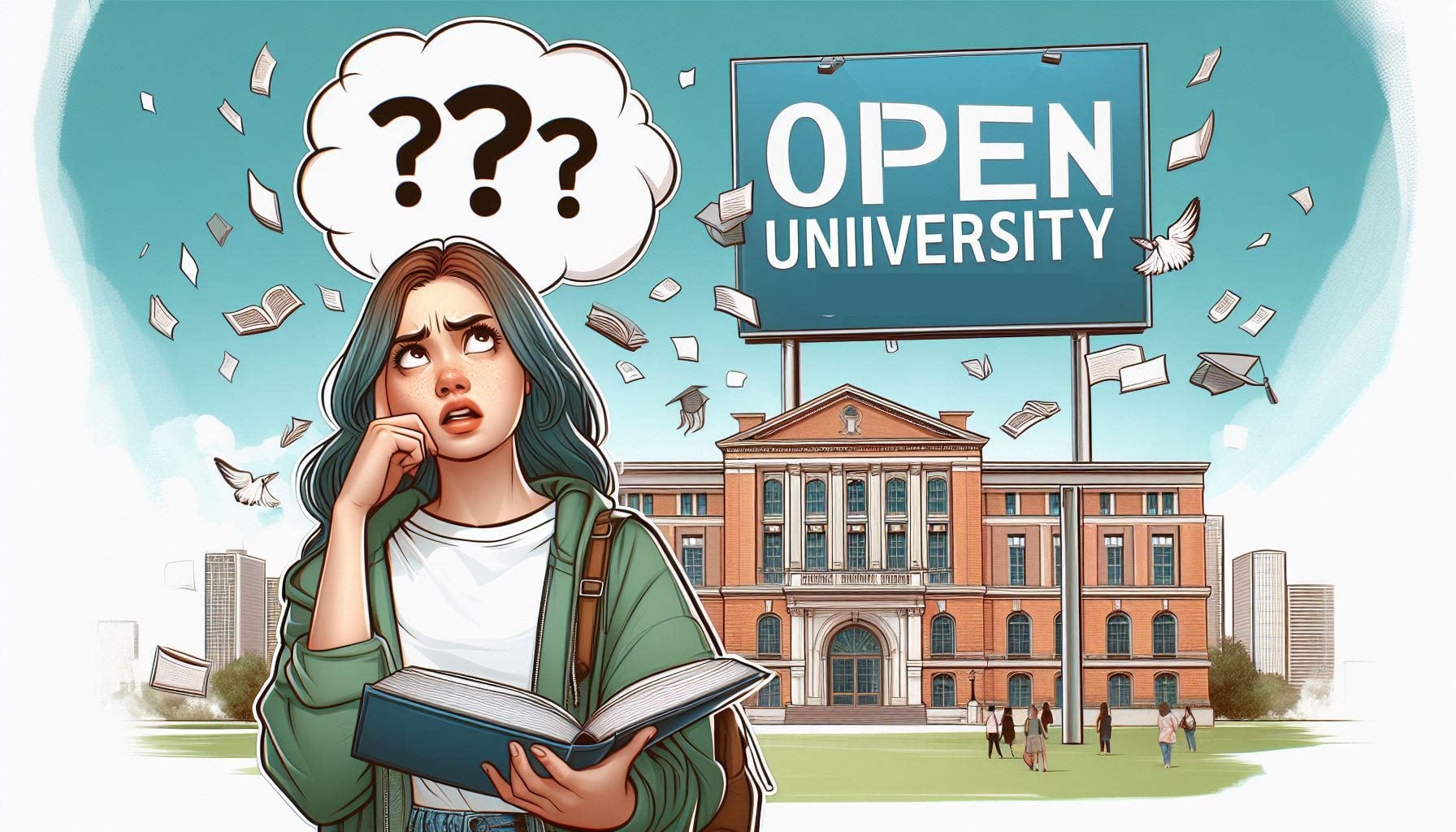 a university in background having "OPEN UNIVERISTY" written in big bold letters. In front, there should be a girl who is not looking happy after studying there and thinking why she studied in this open university