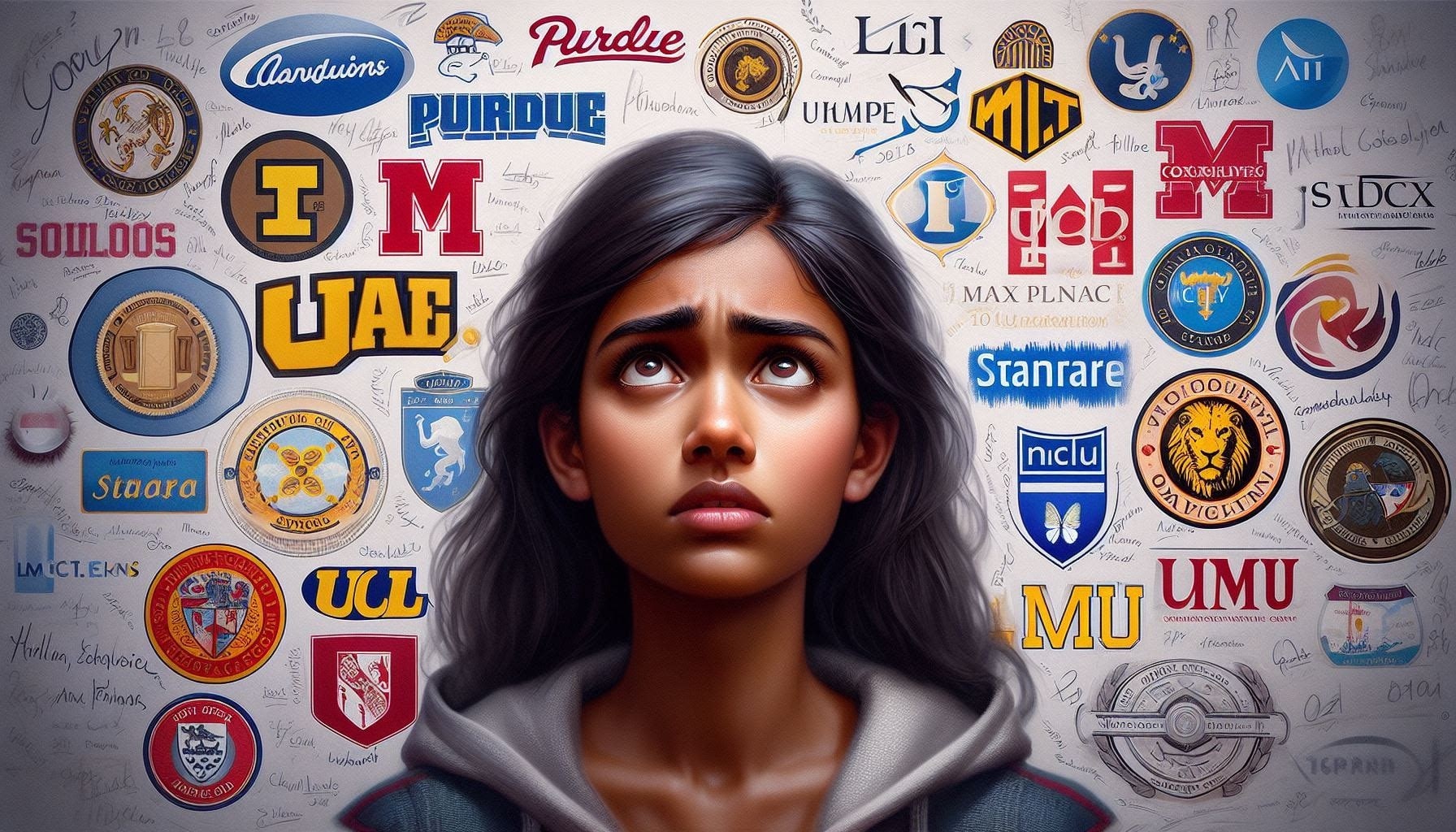 How to Choose PhD Program Right for You. an image with a girl of Indian origin in the center, surrounded by the logos of Purdue, MIT, UCLA, Stanford, Cambridge, Oxford, UCL, LMU, Max Planck, and others. She has an expression of confusion and deep thought, just as you requested.