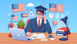 PhD Application in USA. A student wearing hat sitting in front of computer and filling his PhD applications for USA