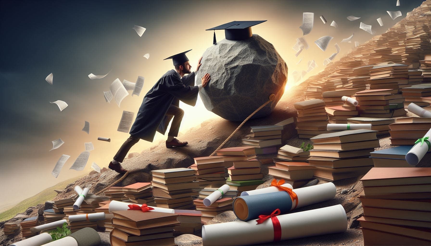 Transforming Failures into Strengths in Your PhD Application: An image of a PhD scholar with a graduation hat rolling a large stone uphill, surrounded by books and research papers, looking motivated and resilient, not giving up