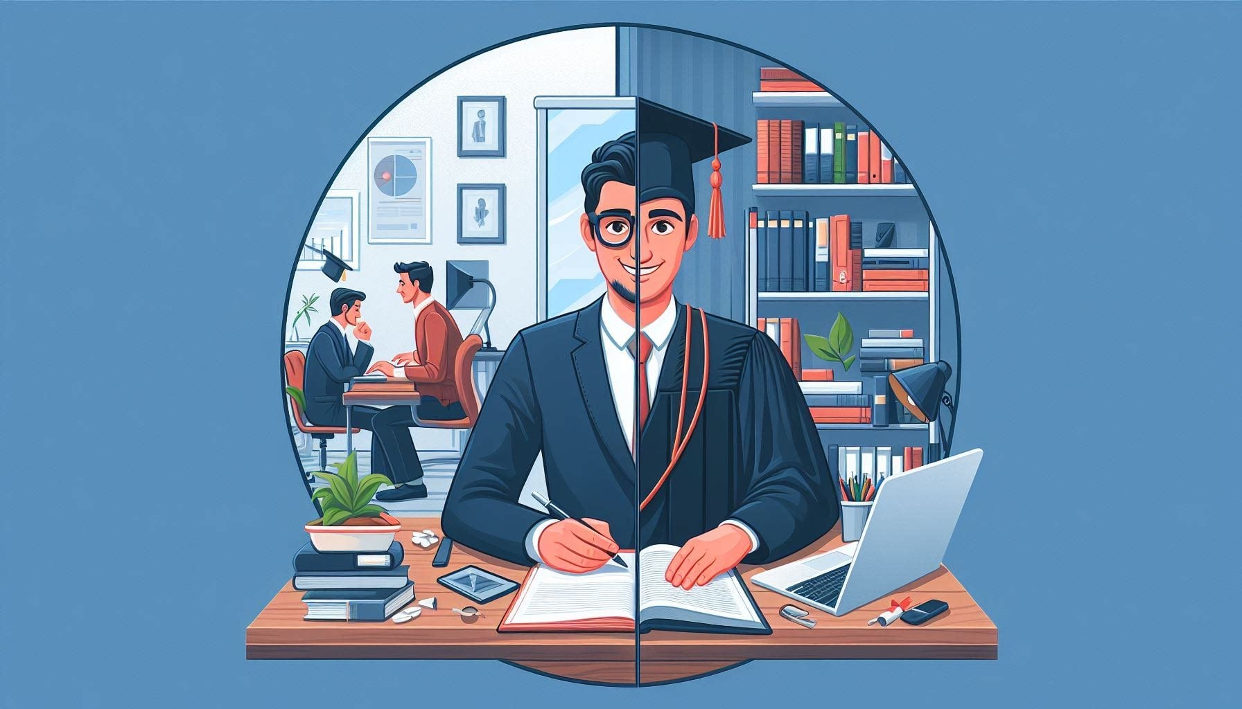 On one side, you’ll see the professional diligently working in their office, and on the other, the same individual is depicted wearing a graduation hat, deeply engaged in their PhD project. This dual scene perfectly encapsulates the duality of a part time PhD journey, balancing professional duties with academic aspirations.