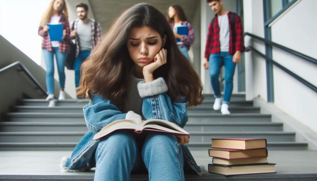 PhD Admissions with Low GPA. A college girl is quite depressed after seeing that she has scored a low GPA. She is wondering how will she get admission in a PhD program now. Her dreams are seeming to be shattered. She is sitting in the staircase of the university, quite depressed and other students are passing by having books in their hands