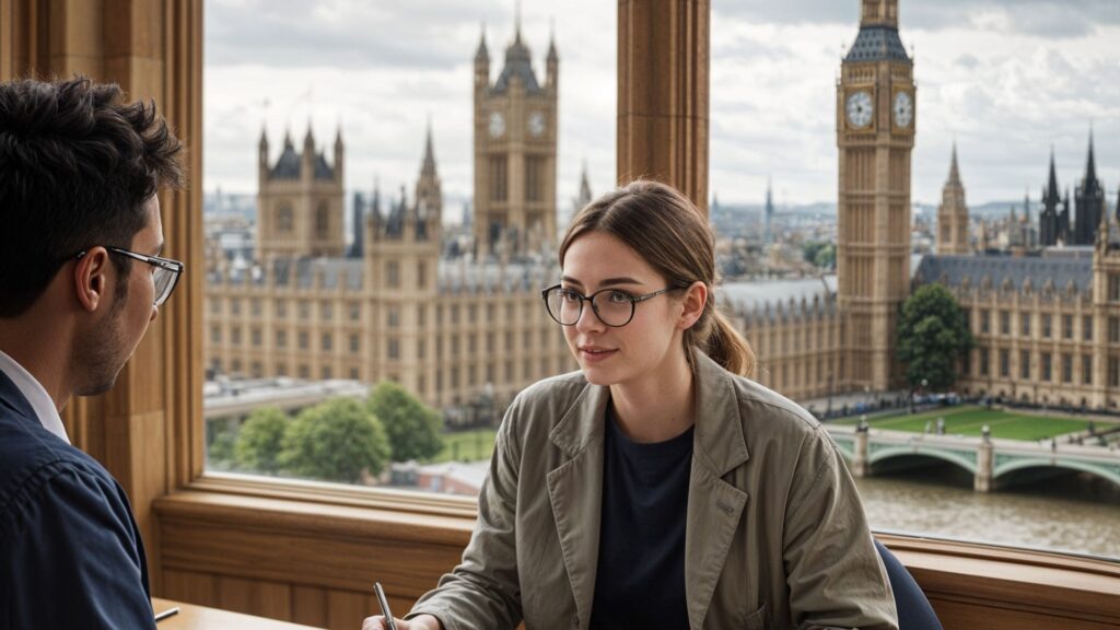 PhD application in UK. A counsellor is helping a student to apply for PhD in the UK. From the window of the room, westminister and big ben are visible.