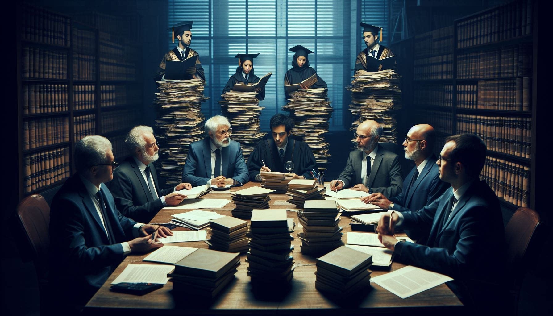 Role of Leadership in PhD Application 1. a panel of esteemed professors in a dimly lit room, surrounded by stacks of PhD applications. They engage in animated discussions, meticulously evaluating each candidate’s application.