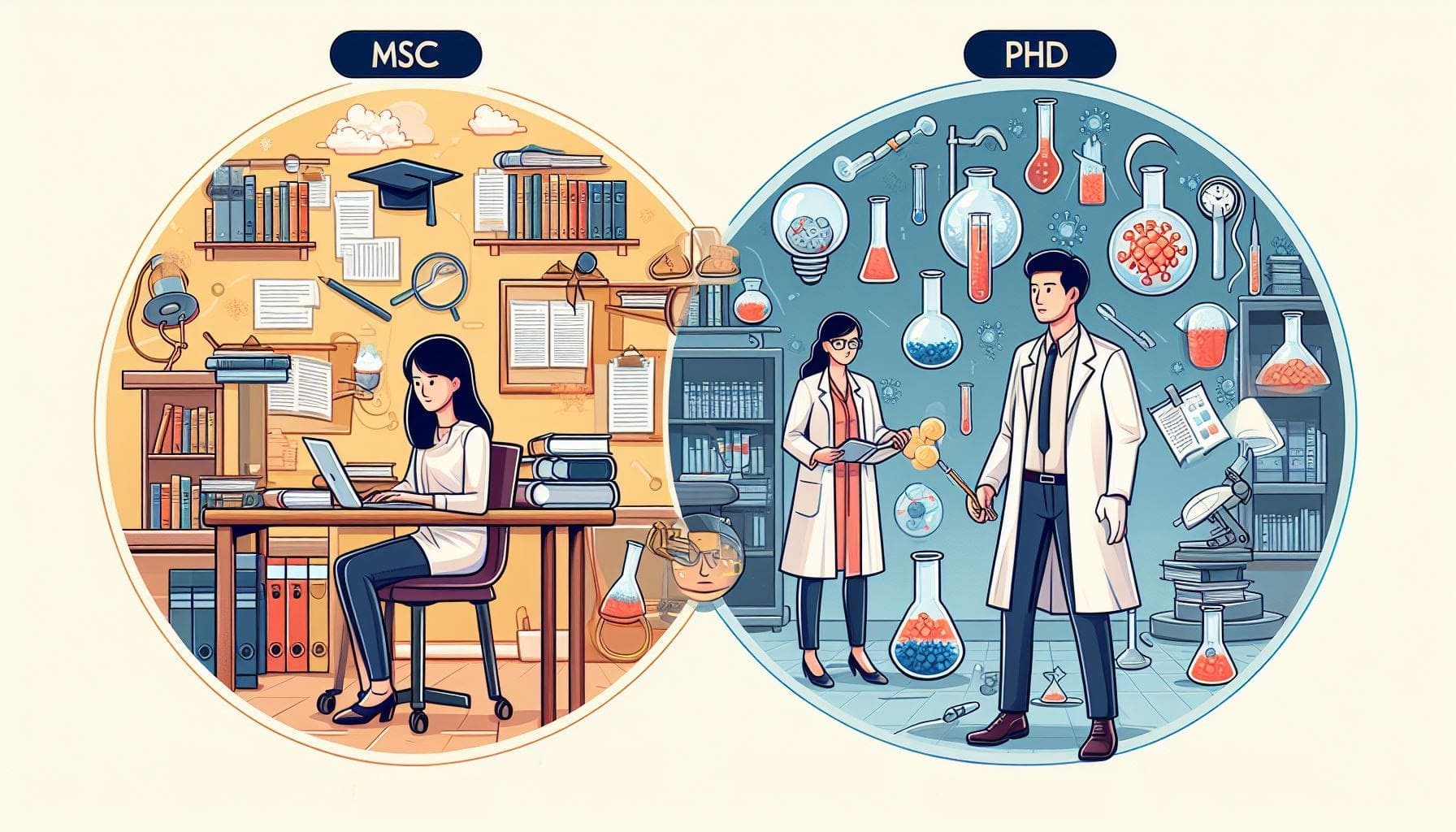 apply for PhD during masters. On the left is a girl doing masters and on the right is the girl and boy working in a lab doing PhD work.