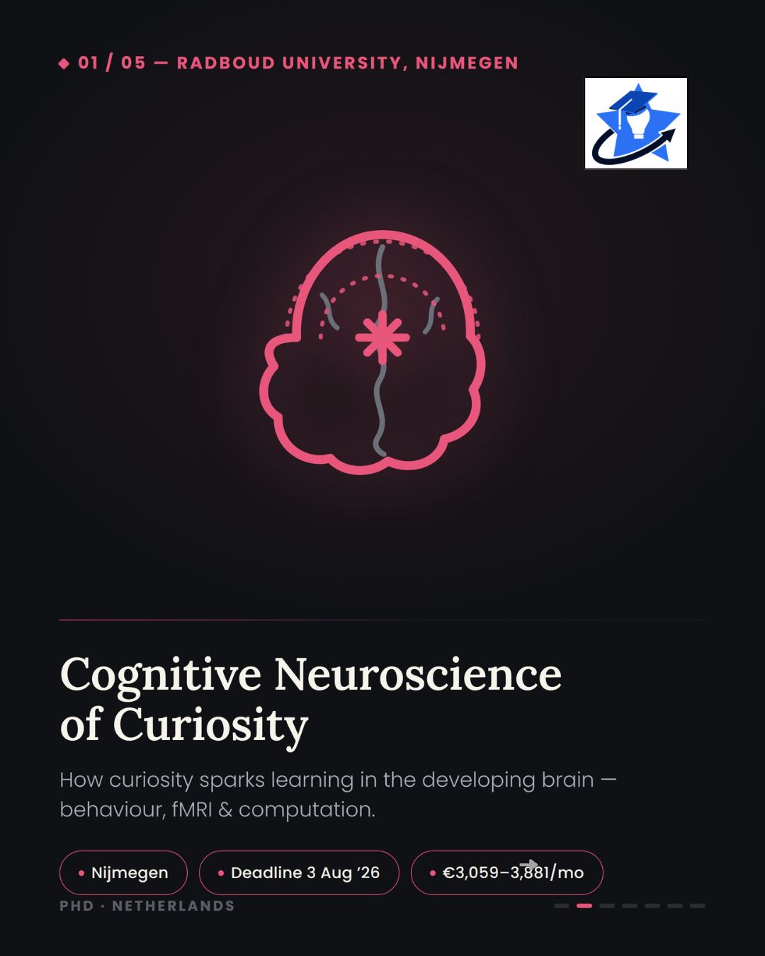 02-radboud-university-curiosity-neuroscience-phd Pink-themed slide with a line-art brain icon, titled "Cognitive Neuroscience of Curiosity," Radboud University, Nijmegen, deadline 3 August 2026.
