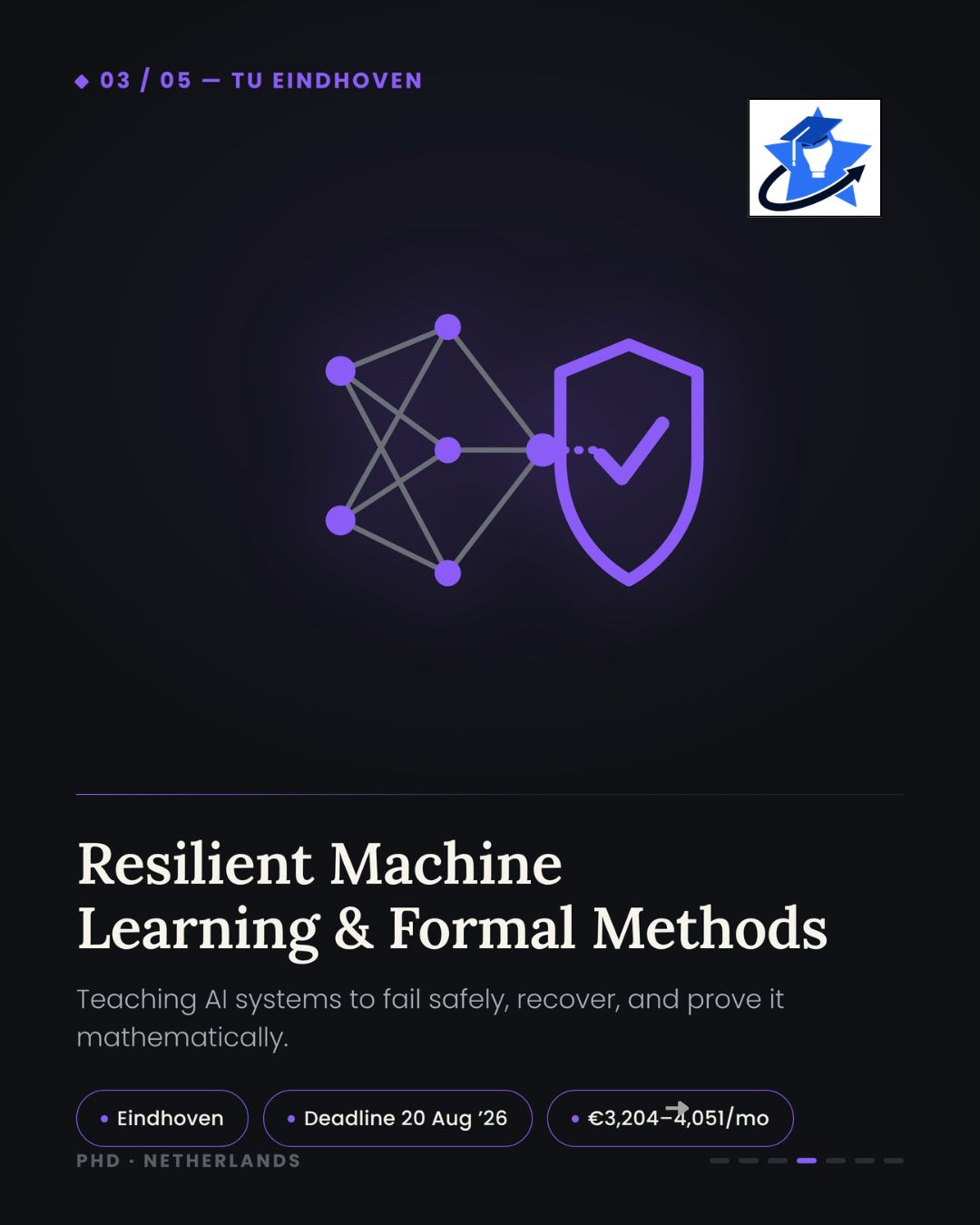 04-tue-resilient-ml-formal-methods-phd Purple-themed slide with a neural network and shield-checkmark icon, titled "Resilient Machine Learning & Formal Methods," TU Eindhoven, deadline 20 August 2026