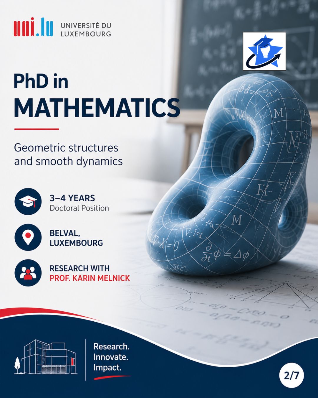 2 Promotional graphic for a Doctoral Researcher position in Mathematics at the University of Luxembourg featuring geometric shapes, mathematical visualizations, and a modern university background.