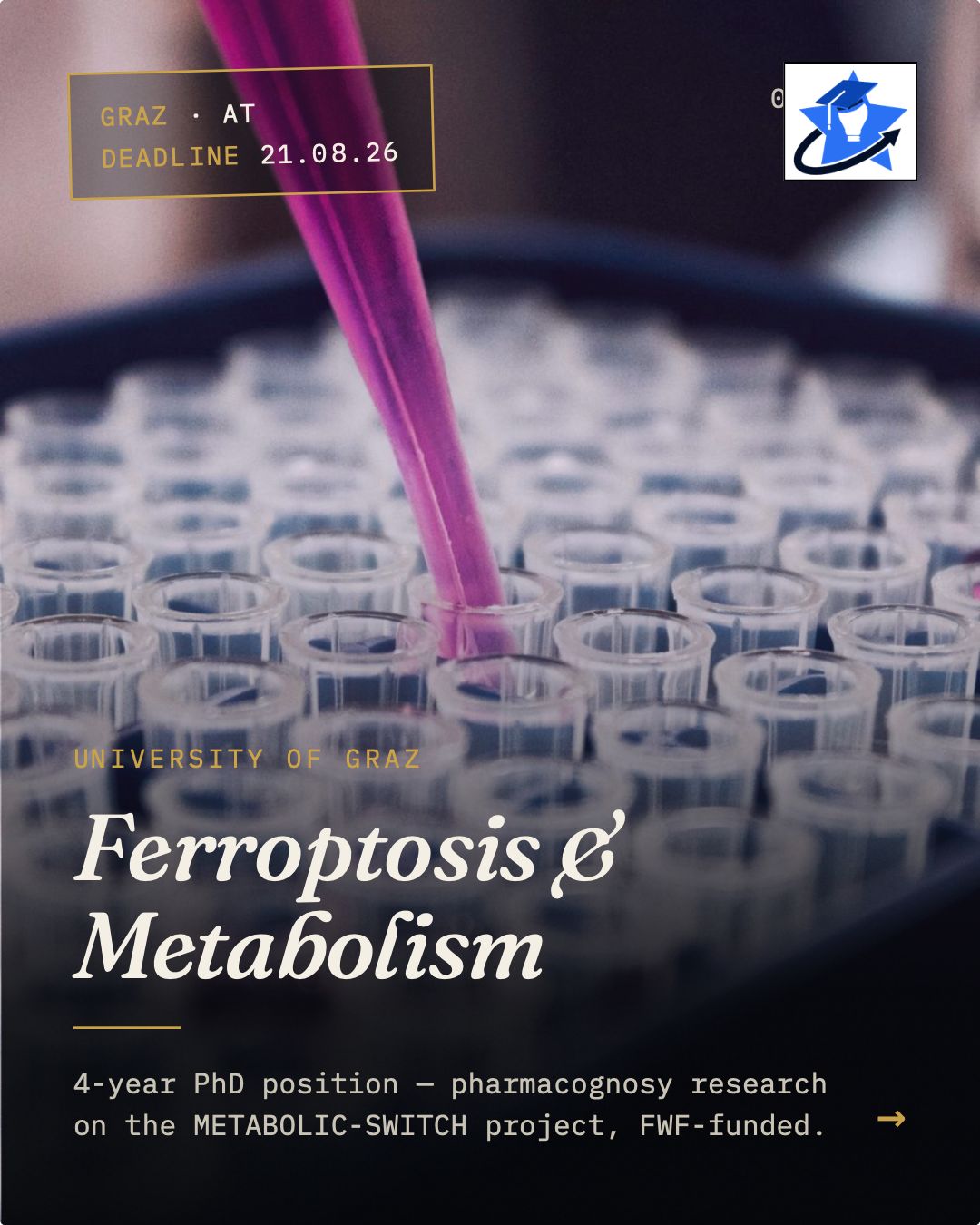 PhD Position in metabolic switch Close-up of a pink pipette dispensing liquid into a tray of laboratory sample tubes, with text reading "University of Graz — Ferroptosis and Metabolism: PhD position on the METABOLIC-SWITCH project