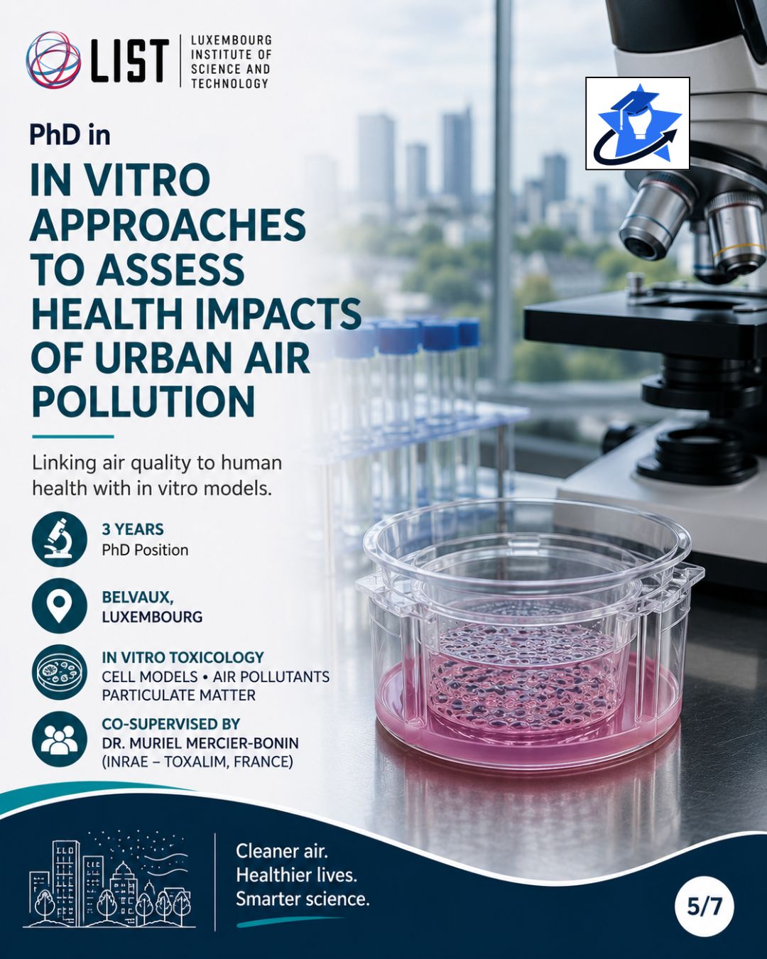 5 Scientific promotional poster featuring laboratory equipment, microscope, and environmental health research advertising a PhD opportunity related to urban air pollution and human health.