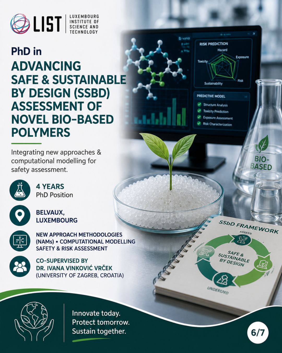6 Modern scientific recruitment poster featuring bio-based materials, laboratory equipment, computational modelling, and sustainability research promoting a PhD opportunity in bio-based polymers.